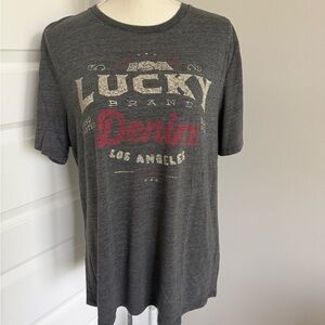 Lucky Brand Charcoal Gray Tee with Red 'Denim' Graphic